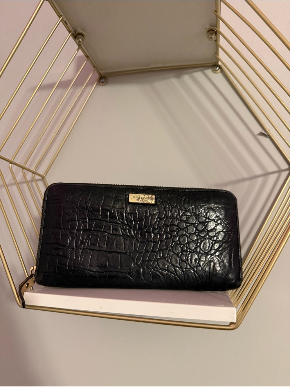 Kate spade Black Croc-Embossed Zip-Around Wallet with Gold Plaque
